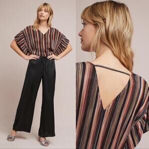 Anthro Vanessa Virginia Top Bienville Metallic Striped Flutter Glam Black Size S